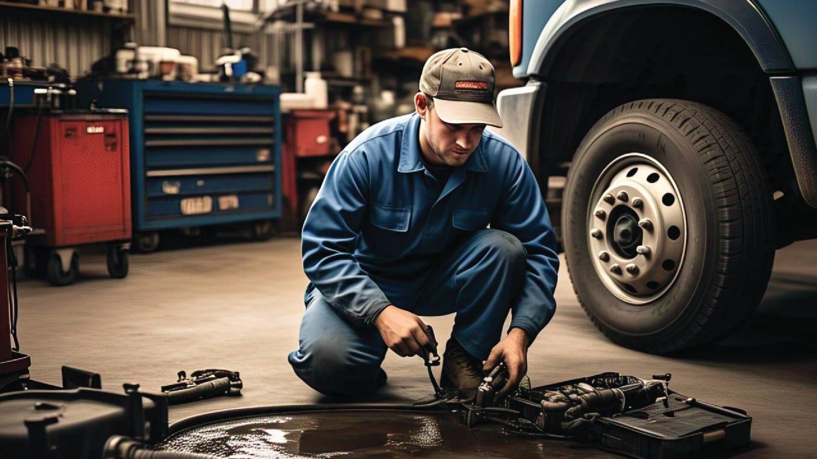 Dois caminhões em uma oficina mecânica, um com o capô levantado e outro com a cabine basculada, mostrando os motores e componentes internos.