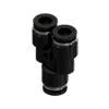 Imagem de uma conexão em Y e emenda de 6mm, utilizada em sistemas pneumáticos para caminhões, permitindo a divisão ou união de fluxos de ar em tubulações.