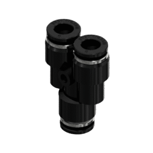 Imagem de uma conexão em Y e emenda de 6mm, utilizada em sistemas pneumáticos para caminhões, permitindo a divisão ou união de fluxos de ar em tubulações.