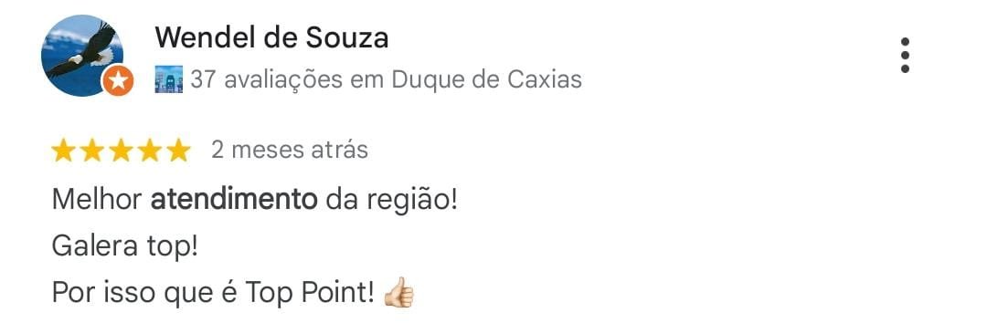 Avaliação de cliente da Top Point no Google Maps, destacando satisfação com atendimento e produtos.